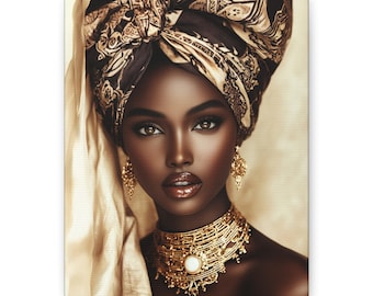 May include: A canvas print featuring a portrait of a woman with dark skin. She wears a patterned head wrap, gold earrings, and a gold necklace with a white center stone. The image has a warm color palette.