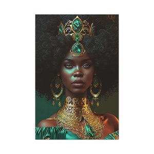 Canvas Emerald African Goddess, Green and Gold African Queen, Black Girl Magic, Wall Art, Afro Decor