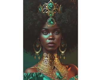 Canvas Emerald African Goddess, Green and Gold African Queen, Black Girl Magic, Wall Art, Afro Decor