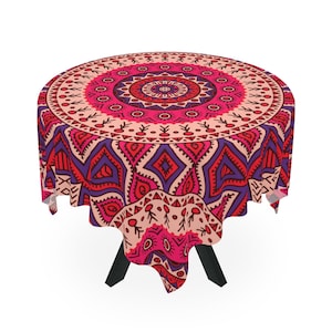 Boho Tablecloth, Mandala Flower Decor, Purple and Red Print Table Cloth, Hippie, Psychedelic Dining Room Table Decor