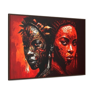 May include: Two women with intricate face paint, one with black and gold patterns and the other with red and white patterns, against a red background.