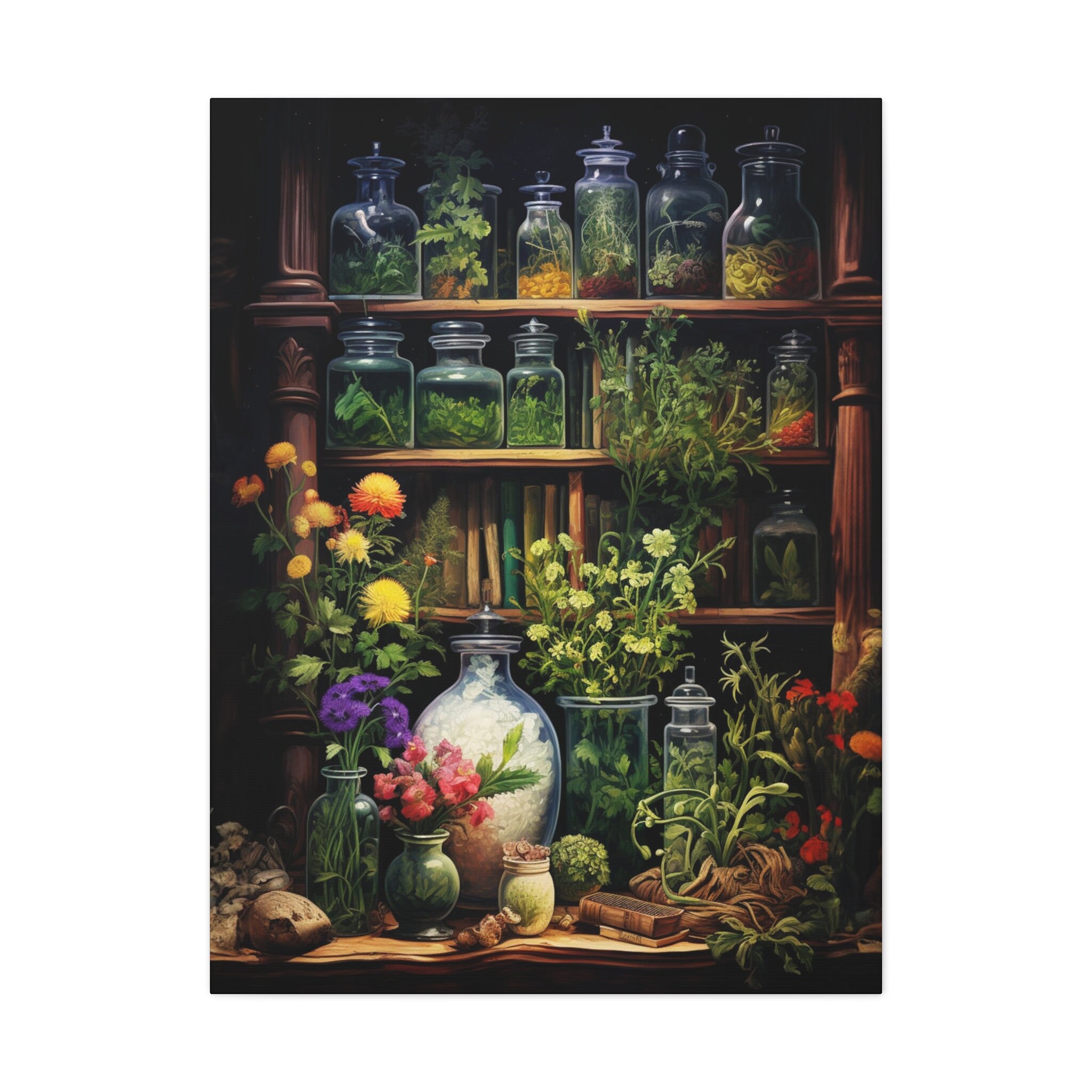 Apothecary Canvas, Herbs and Potions, Magical Art, Witch Decor, Herbal Medicine, Witch Art, Nature Canvas, Naturopath, Plants, Jars, Green