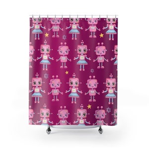 Kids Shower Curtains Robot, Pink and Purple Purple Stars, Bathroom Decor with Robots and Tech, Nerdy Kids Decor, Fun Bathroom Decor for Kids