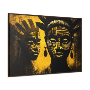 FRAMED Yellow and Black African Mask Canvas , Tribal art, Ethnic Interior Decor, Contemporary Traditional Art,