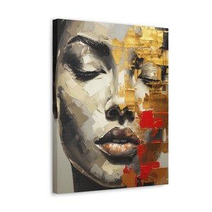 Woman Face with Red and Gold Strip Canvas, Home Decor, Elegant Art, Painting Style, Classical, Fine Art