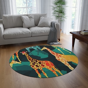 Colorful Giraffe Pattern Round Rug, Green, Teal and Yellow, Circle Rug, Kids Décor, African