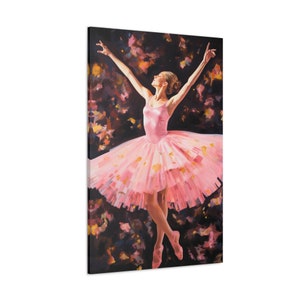 Cosmic Ballerina Canvas, Ballet Decor, Pink and Black, Flowers, Painting Style, Classical, Fine Art