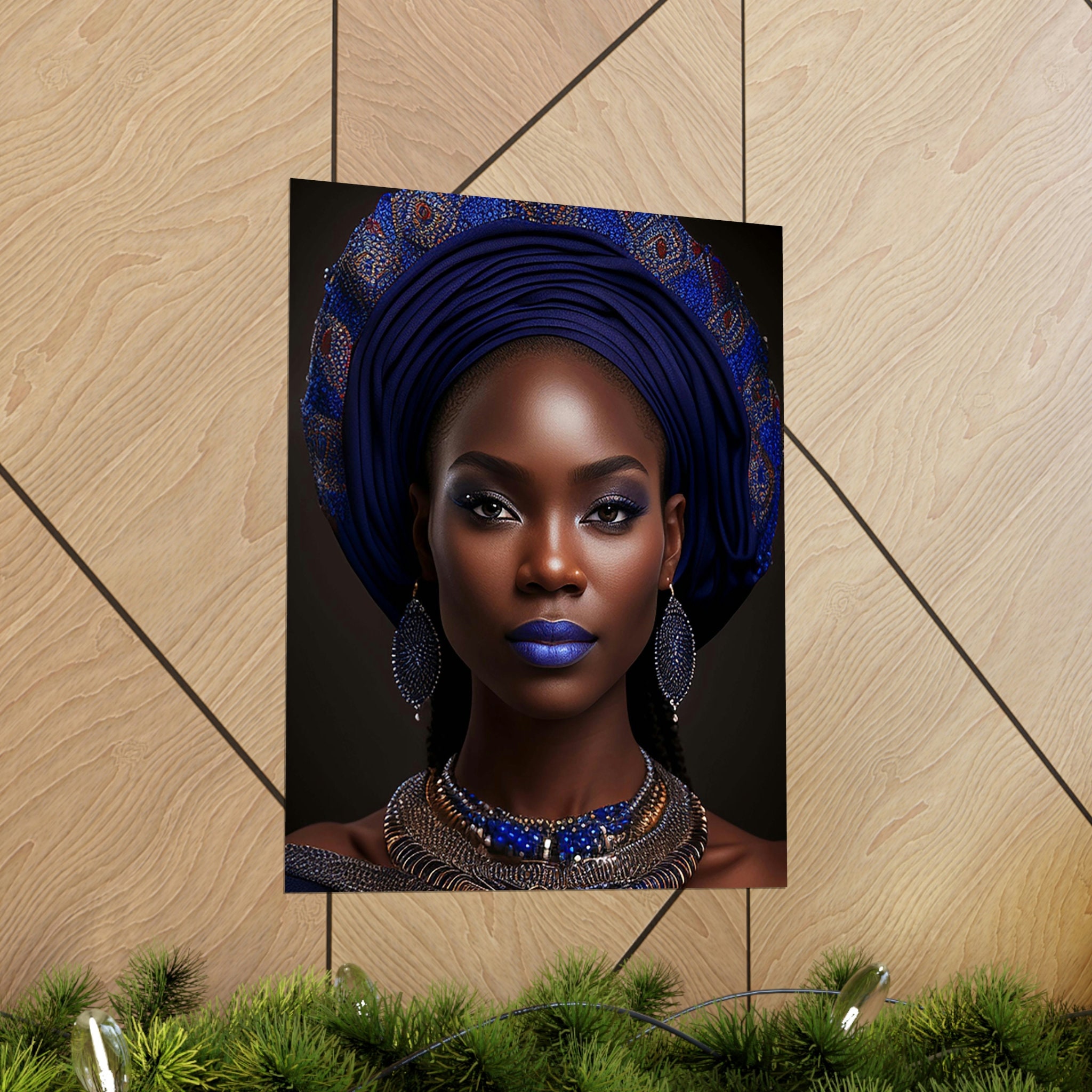 DANA QUEEN ゼブラ アート額縁付き Poster of African Queen, Lapiz Gemstones, Blue and Gold Goddess