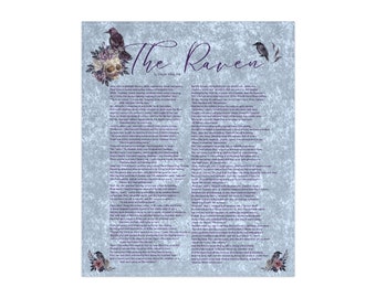 Edgar Allan Poe The Raven Velvet Blanket, Blue, Skull and Raven and Rose, Nevermore, Lenore, Gift for Poet, Gift for Her, Christmas Gift,