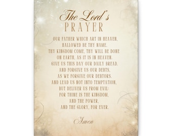 May include: A beige background with a brown text overlay of The Lord's Prayer. The text is in a traditional font style and includes the full text of the prayer.