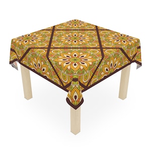 Boho Table Cloth, Boho Decor Mandala Flowers, Brown and Green Floral Table Cloth, Hippie, Boho Dining Room Table Decor