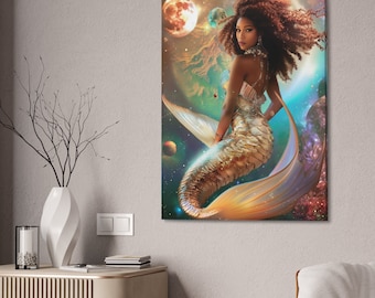 Black Mermaid Canvas, African American Mermaid decor, Sirius B Art