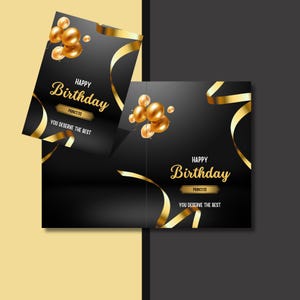 Tarjeta de cumpleaños negra y dorada, tarjeta de felicitación de cumpleaños personalizada, tarjeta de felicitación de cumpleaños imprimible, plantilla de tarjeta de cumpleaños hecha a mano