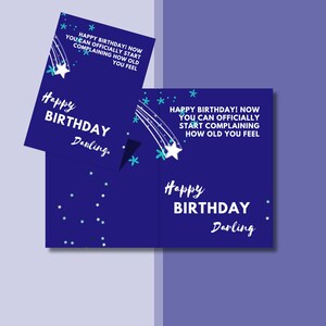 Divertente biglietto di auguri di compleanno, biglietto di auguri di buon compleanno blu e bianco per lei, lui, amici, fratelli, modello di auguri di buon compleanno divertente stampabile