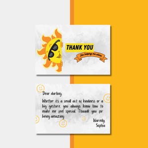 Tarjeta de agradecimiento con sol sonriente, tarjeta de agradecimiento editable para ella, plantilla de agradecimiento con emoticono, tarjeta de agradecimiento imprimible