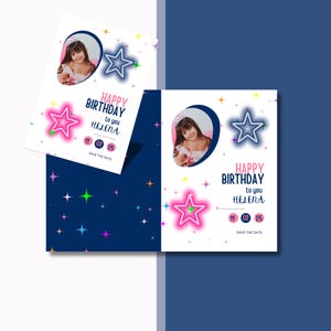 Modello di invito di compleanno colorato, biglietto di compleanno con caricamento foto, invito di compleanno personalizzato modificabile, biglietto fotografico di buon compleanno