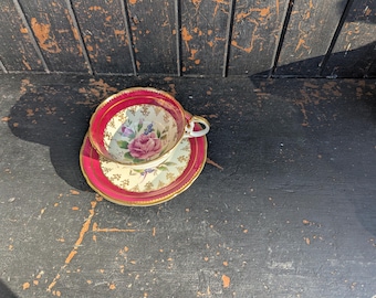 Rare tasse à thé et soucoupe Aynsley, chou rose, or bordeaux, motif 894, objet de collection