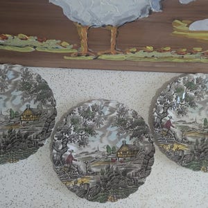 Può includere: Tre piatti decorativi con una scena di paesaggio rurale. Ogni piatto presenta un'illustrazione dettagliata di un ambiente rurale con alberi, una casa e una figura con un cappotto rosso. I piatti hanno un bordo smerlato e una tavolozza di colori tenui.