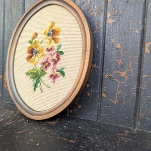 Vintage Victorian Style Petitpoint Flower Picture Roses oval Wood Frame Cottagecore 9&quot;