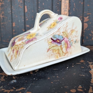 Antique SF an Co Crown Devon Cheese Dish Cover Wedge Rye Pattern Floral England Pottery Wedge Cheese Dome