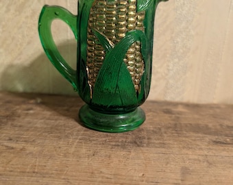 Antique 1890s Glass Emerald Green Gold Trim Corn Cob Creamer Small Pitcher
