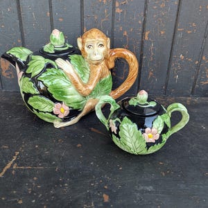 vintage Fitz and Floyd monkey teapot and sugar bowl rare collectible whimsical primate roses excellent condition