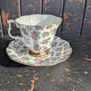 Royal Albert Bone China Made in England Tea Set 2 Pieces Gold Trimmed Pretty Pink Roses & Blue Flowers Tea Cup and Saucer