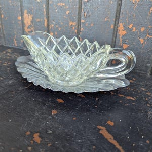 Clear Cut Glass vintage small pressed glass gravy boat mint sauce jug and plate with metal leaf design tray