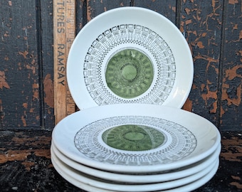 Vintage Biltons Staffordshire Side Plates Set of 5 - MCM Olive Green Geometric Mandala - 1970s English Ironstone 6.75" Bread Plates