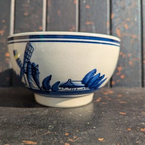 Vintage Delft Style Porcelain Footed Bowl, Blue & White Windmill minimalist Holland rare