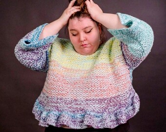 regenboogblauwe gehaakte trui met ruches