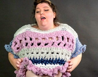 dikke pluizige roze multi-gehaakte trui