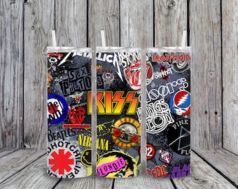 May include: Three stainless steel tumblers with a black and white design featuring logos of various rock bands, including KISS, Guns N' Roses, The Beatles, Nirvana, and Iron Maiden.