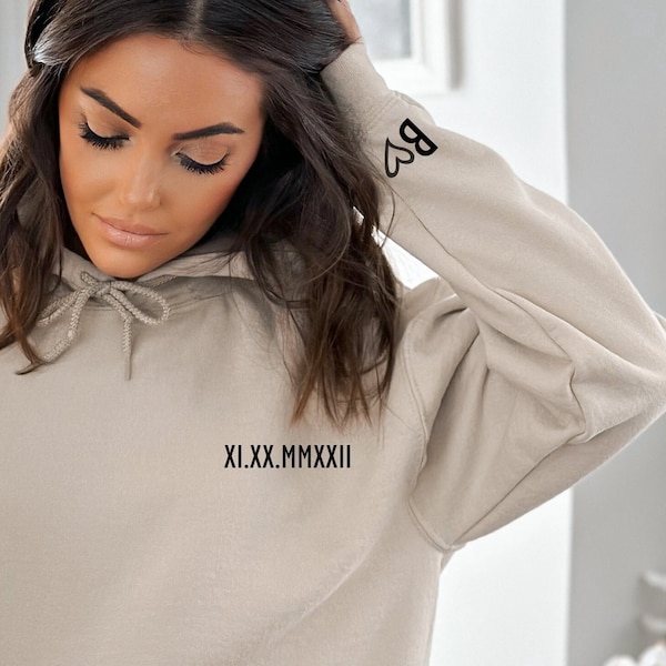 Custom  Roman Numeral Hoodie Sweatshirt, Couples Gift, Personalized Date and Initial Hoodie, Anniversaries, Bachelorette's Sweat