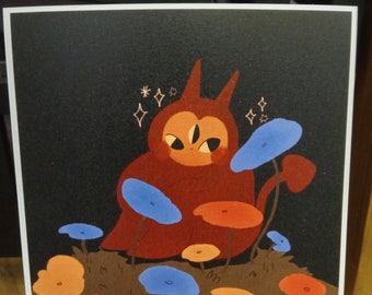 May include: A red cartoon character with horns and three eyes is surrounded by blue and orange flowers on a dark background. The character is holding a blue flower in its hand. The image has a whimsical and playful style.