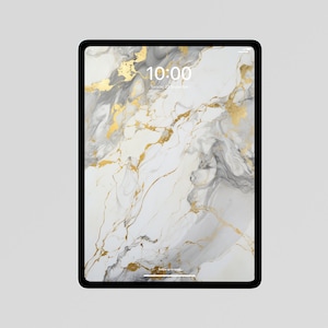 Può includere: Un tablet bianco con una cornice nera e uno schema di marmo dorato e grigio sullo schermo. L'ora è le 10:00.