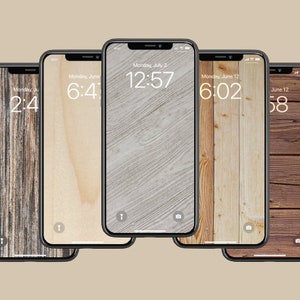 May include: Five iPhone screens displaying different wood grain patterns as phone backgrounds. The time is displayed on each screen: 2:4, 6:4, 12:57, 6:02, and 58.