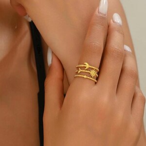 Gold Celestial Stack Ring Adjustable Moon Sun Star Ring Minimalist Dainty Gold Ring Waterproof Tarnish Resistant Gift for Her