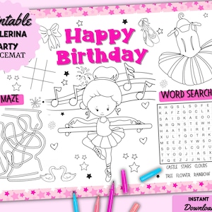 Ballerina Birthday Party Colouring Placemat  | Printable |Ballet Page  | Pink Tutu Skirt Activity Sheet  | Girls Printable Kids Party Favour