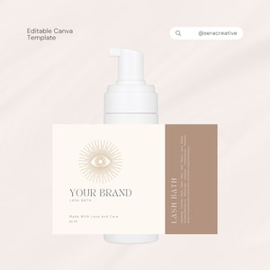 Etichetta schiuma detergente ciglia fai da te, bagno ciglia, adesivo detergente ciglia, etichetta shampoo ciglia, etichetta digitale, etichetta prodotto ciglia, Canva