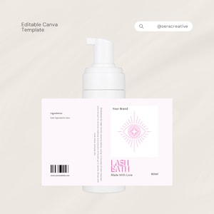 Etichetta schiuma detergente ciglia fai da te, bagno ciglia, adesivo detergente ciglia, etichetta shampoo ciglia, etichetta digitale, etichetta prodotto ciglia, Canva