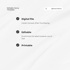 Puede incluir: Un fondo blanco con un icono de marca de verificaci&oacute;n y el texto "Archivo digital" seguido de "Acceso instant&aacute;neo despu&eacute;s de la compra."  Debajo de eso hay otro icono de marca de verificaci&oacute;n y el texto "Editable" seguido de "&iexcl;Personaliza la etiqueta como quieras!"  Debajo de eso hay otro icono de marca de verificaci&oacute;n y el texto "Imprimible".