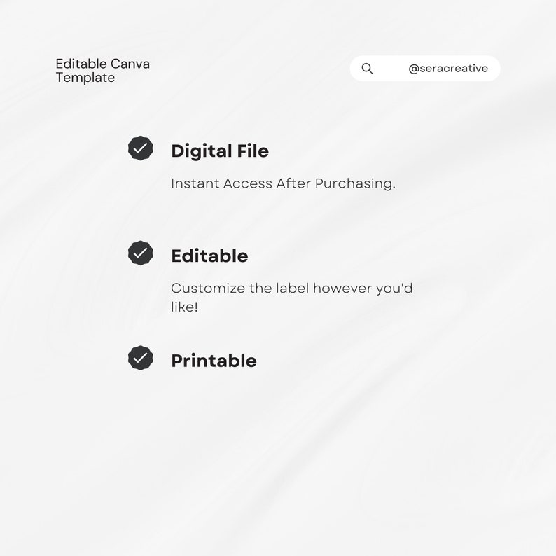 Puede incluir: Un fondo blanco con un icono de marca de verificaci&oacute;n y el texto "Archivo digital" seguido de "Acceso instant&aacute;neo despu&eacute;s de la compra."  Debajo de eso hay otro icono de marca de verificaci&oacute;n y el texto "Editable" seguido de "&iexcl;Personaliza la etiqueta como quieras!"  Debajo de eso hay otro icono de marca de verificaci&oacute;n y el texto "Imprimible".