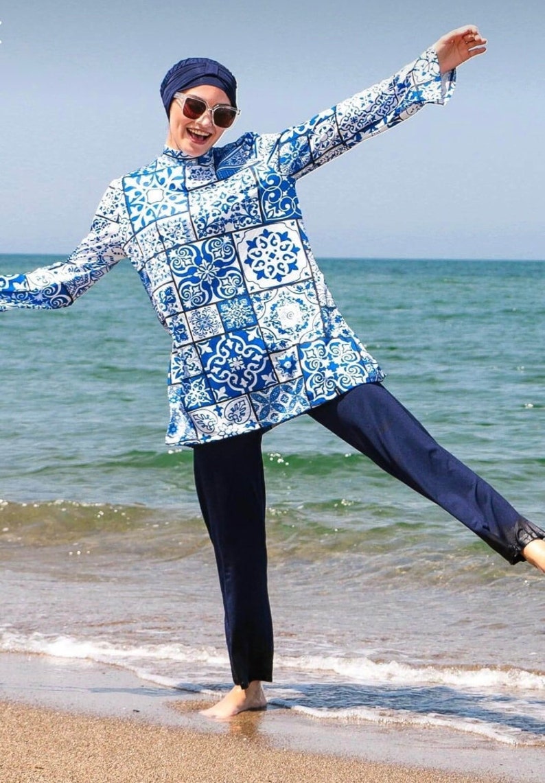 Swimsuit Women Set, Hijab Burki shops Set,Islamic Swimwear, Muslim Swimwear, Women Burkini,4 pieces set; trousers, tunic, scarf, bustier.