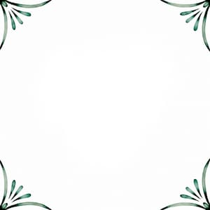 May include: A white background with a green floral border. The border is made up of four corners with a stylized floral design.