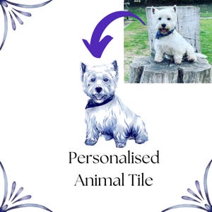 May include: A personalised animal tile featuring a white West Highland Terrier dog with a blue bandana. The dog is sitting on a blue and white tile with a floral design.