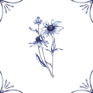 May include: A watercolor illustration of a bouquet of blue flowers with white centers. The flowers are on a white background.