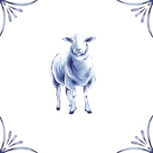 May include: A watercolor illustration of a white sheep with blue accents, standing on a white background. The sheep is facing forward with its head slightly tilted.