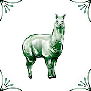 May include: A watercolour illustration of a green alpaca standing on a white background. The alpaca is facing forward with its head held high. The illustration is surrounded by a green floral border.