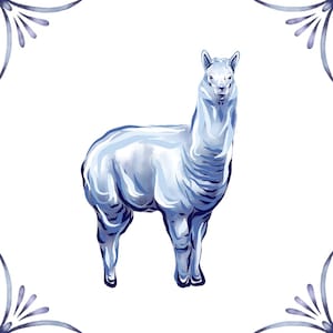 May include: A blue and white watercolour illustration of an alpaca standing on a white background. The alpaca is facing forward with its head held high. The illustration is surrounded by a blue and white border.